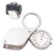 Silver Travel Alarm Clock with Magnifier and Case